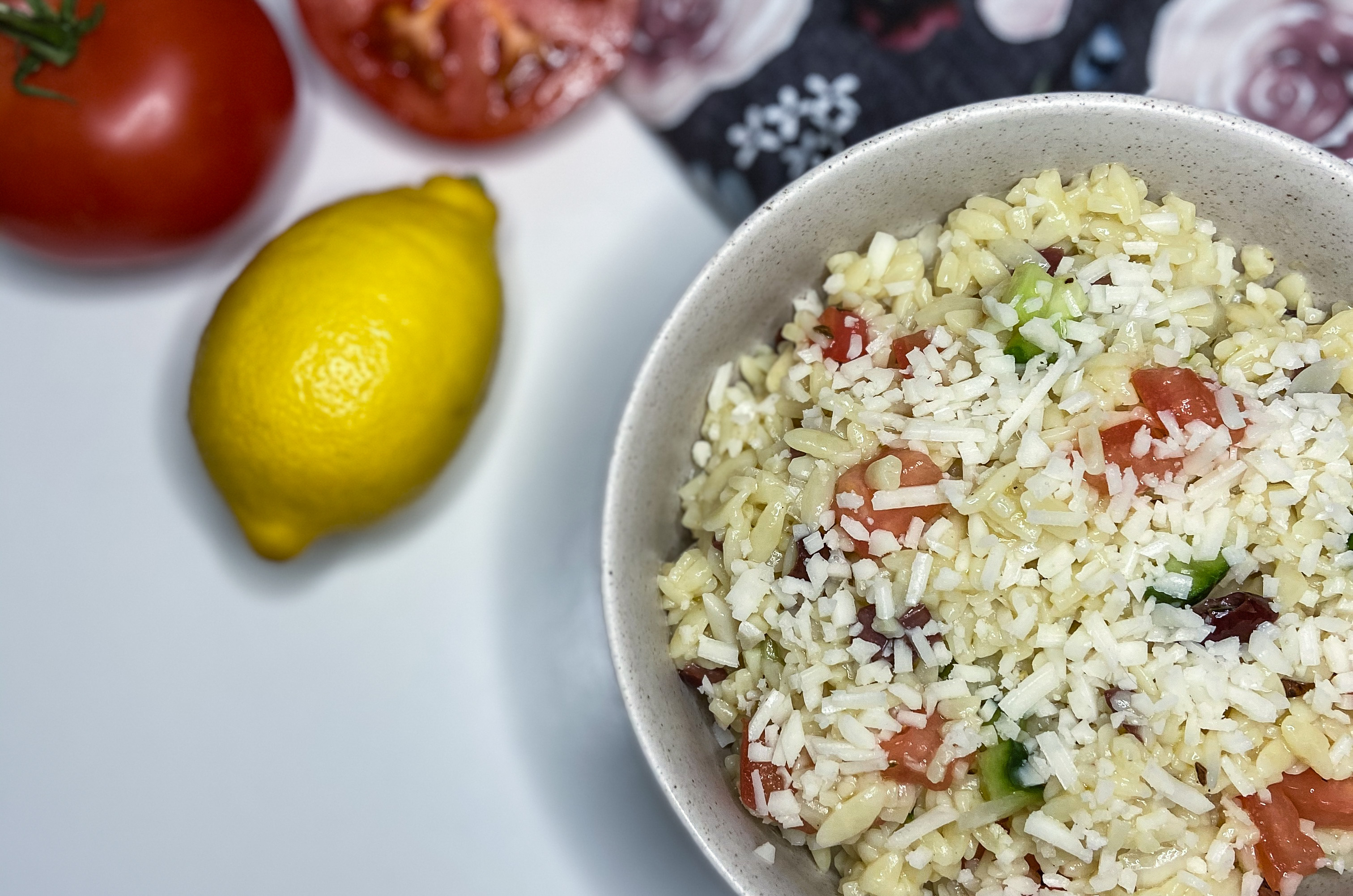 Greek orzo pasta salad in a bowl